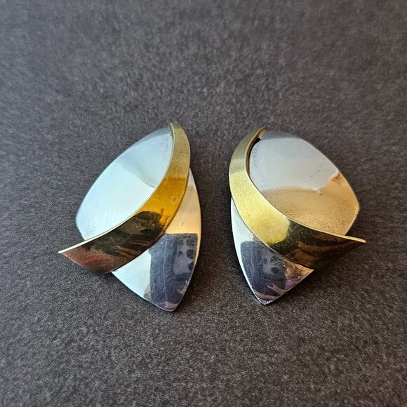 Vintage Sterling silver and brass handmade clip on earrings, Mexico 925 - Picture 1 of 6